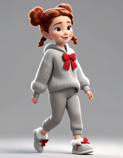 3D character from Disney animation, Pixar style,whole body，Walking happily，red bow，Simple gray soft sweater and furry slacks，with braids，white shoes，clean background.cinnamic lighting, ray tracing, high details, 3d render 