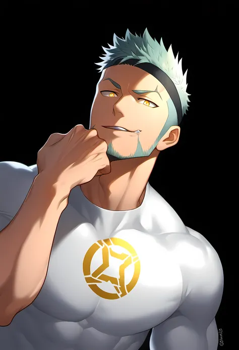 anime characters：Guy, Priapus, 1 young muscular man, male focus, six pointed star tattoo, Sporty black headband, Tight turtleneck long sleeve white spandex T-shirt, Milky white mucus at the corners of the mouth, muscular male, muscular, only, Upper body, a...