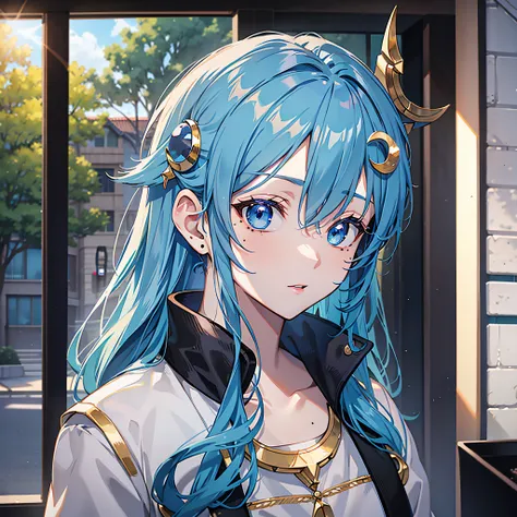 blue hair, crescent hair ornament, mole under the eye, Japanese cartoons, Japanese cartoons style, Ray tracing, Figures, from outside, lens flare, high detail