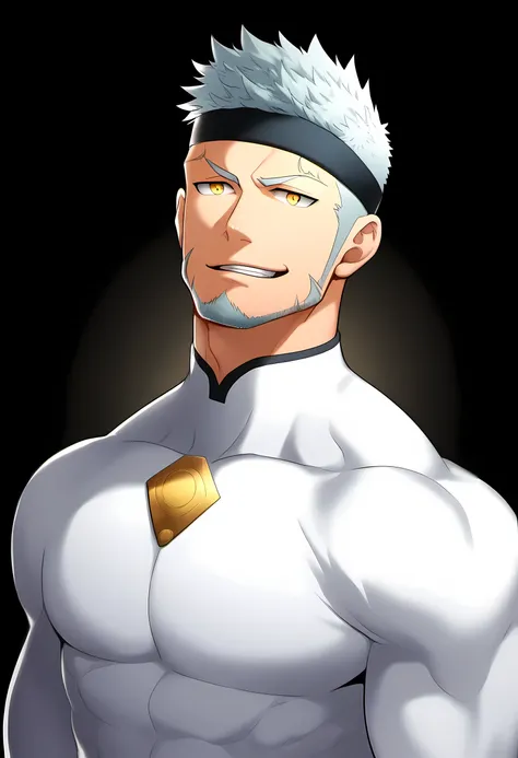 anime characters：Guy, Priapus, 1 young muscular man, male focus,  Sporty black headband, Tight turtleneck long sleeve white spandex T-shirt, Milky white mucus at the corners of the mouth, muscular male, muscular, only, Upper body, alone, white short hair, ...