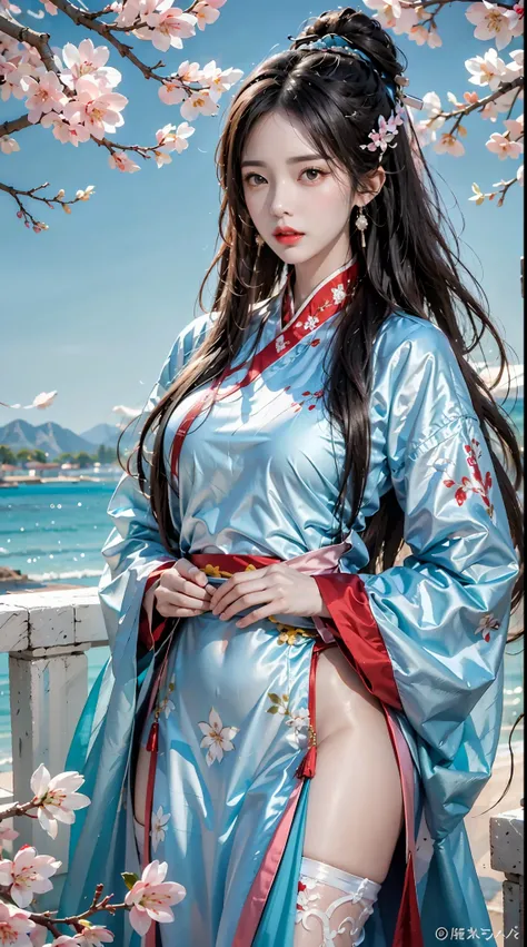 photorealistic, high resolution, 1women, shining skin, solo, jewelry, pink lips, long hair, blue eyes, closed mouth, hips up, hanfu, cherry blossoms
