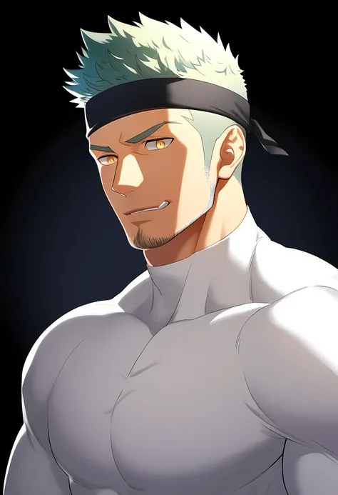 anime characters：Guy, Priapus, 1 young muscular man, male focus,  Sporty black headband, Tight turtleneck long sleeve white spandex T-shirt, Milky white mucus at the corners of the mouth, muscular male, muscular, only, Upper body, alone, white short hair, ...