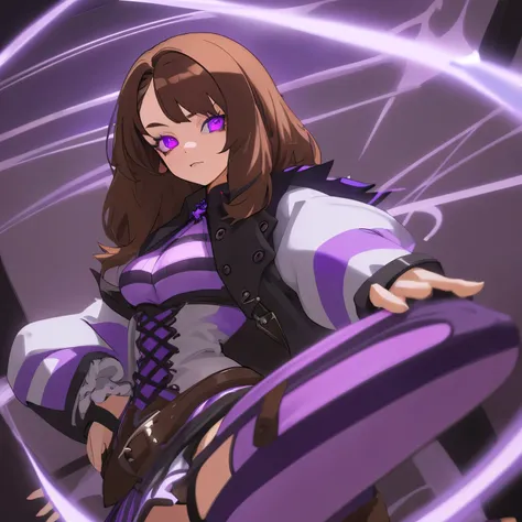 Girl with brown hair with blue and purple stripes, purple eyes, goth, magical 