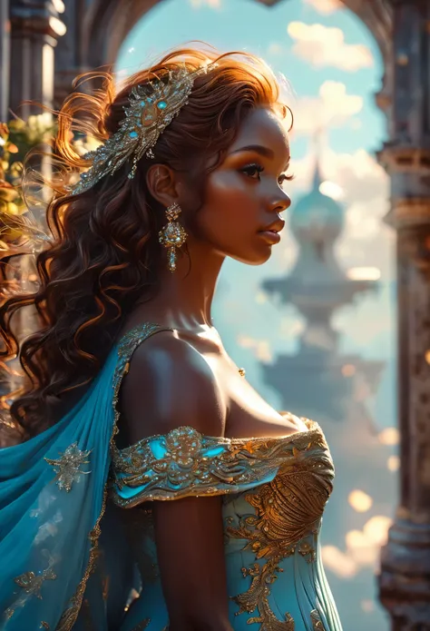 Novel in a celestial landscape, (((darkskinned))) loving couple in their 20s, a (dark-haired imperial duke) loves (((a pregnant dark-skinned:1.2 (ginger-haired)) celestial warrior), romantic way, 8K, extremely detailed, high quality, (photorealistic:1.37),...