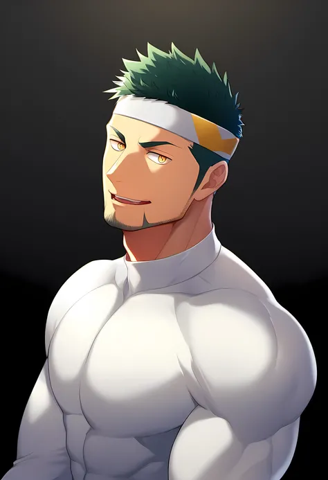 anime characters：Guy, Priapus, 1 young muscular man, male focus,  Sporty black headband, Tight turtleneck long sleeve white spandex T-shirt, Milky white mucus at the corners of the mouth, muscular male, muscular, only, Upper body, alone, white short hair, ...