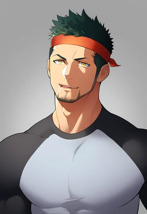 anime characters：Guy, Priapus, 1 young muscular man, male focus, Sport red headband, Tight turtleneck long sleeve dark gray spandex T-shirt, Milky white mucus at the corners of the mouth, muscular male, muscular, only, Upper body, alone, short black hair, ...