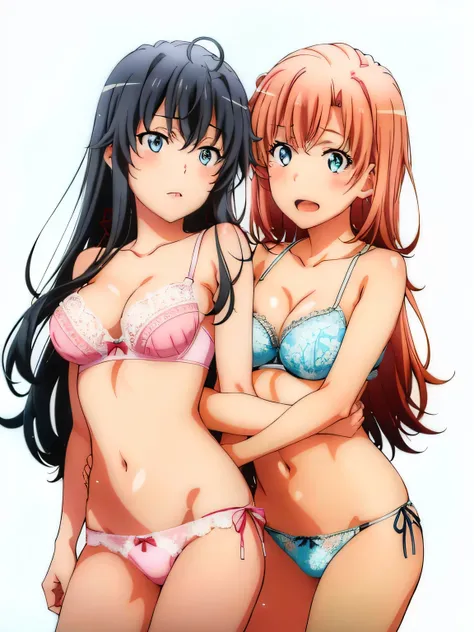 2 girls, sample background,,Yukinoshita Yukino in watercolor lace bra and panties, married, Yuigahama wife wearing pink lace bra and panties, lily