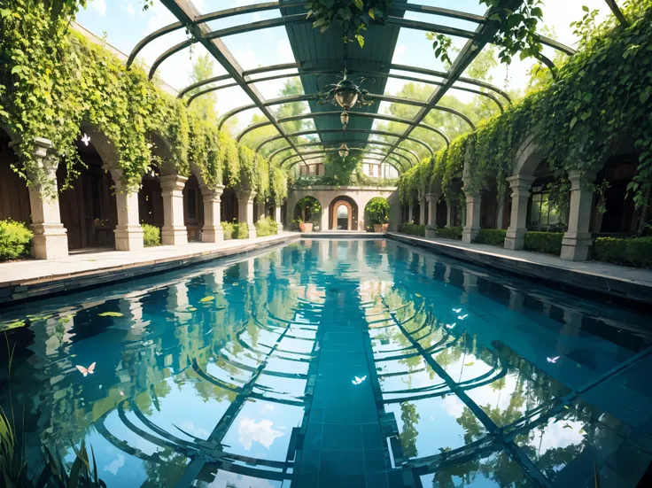 a (symmetrical:1.2) garden, lush green foliage, perfectly manicured hedges, identical flowers on either side, mirrored reflection in a pool, balanced composition, precise lines and shapes, symmetrical butterfly sculptures, symmetrical paths, stunning symme...