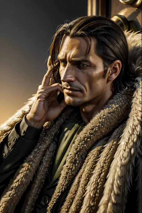 masterpiece, best quality, extremely detailed, hyperrealistic, photorealistic, a cool 40s man, ultra detailed face:1.1, fur-trimmed coat, scarf around the neck, his left hand is a golden pirate hook:1.1, putting a hand in front of own face:1.1
