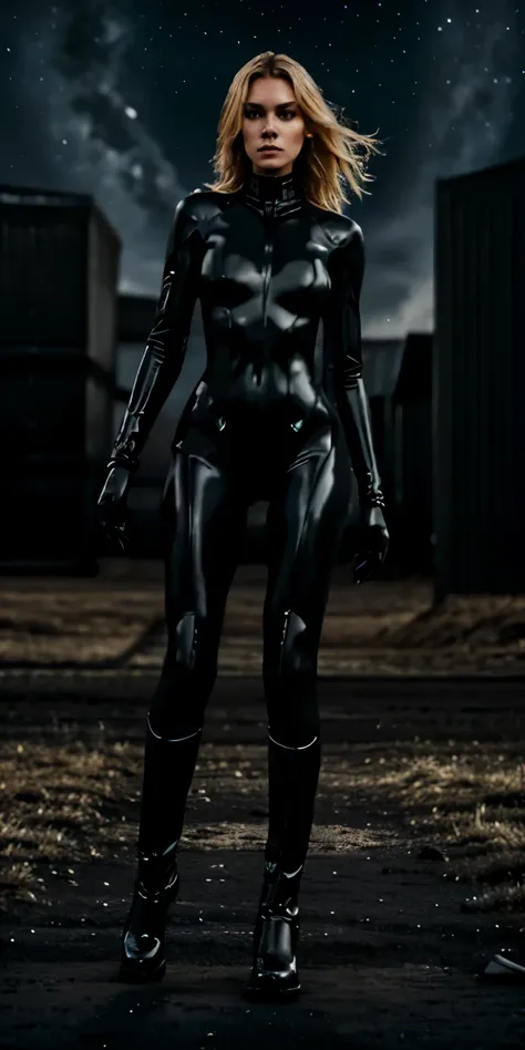 on a dark black planet a tall thin blonde woman in black body suite walks toward camera, all around her is darkness full body shot, dynamic walk, determined expression, determined, outside planet background, alien planet, no buildings, exterior weather sho...