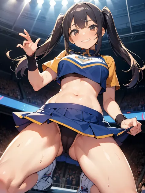 1 girl, five fingers, mini skirt, looking at the viewer, twin tails, ((highest quality)), ((super detailed)), thigh focus, belly button, Cheerleader, squat, spread your legs, grin and laugh, dynamic angle, Downから, tooth, camel toe, vapor, Sweat, Sweatをかいた,...