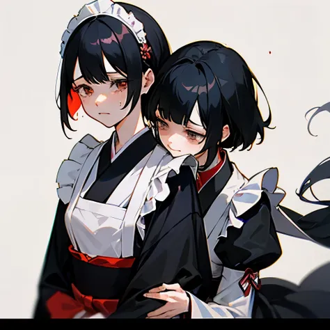 Two black-haired Heian aristocrats, beautiful girls crying, crying, sad and serious, wearing Juni-Hitoe uniforms One is a maid