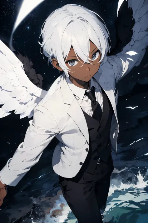 Angel man black skin, with suit, with bigger white wings