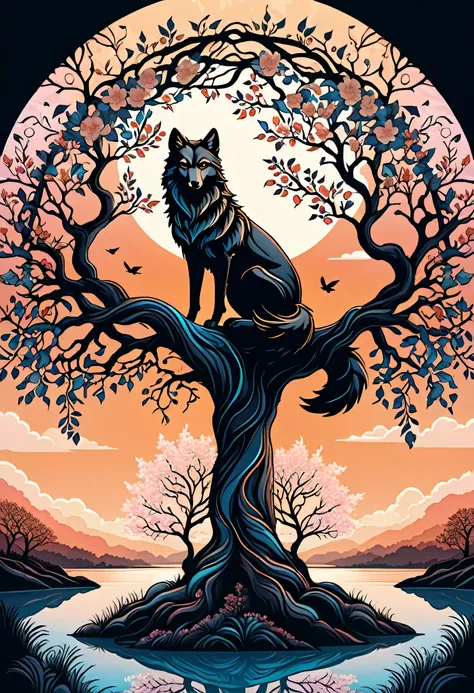 wolf illustration with shadow contrast symmetrical style, eternal fantasy realism, arrangement background mandala tangle, peach tree, flying dark gothic sphere, very beautiful glow essence, high quality, Complex, (With coating symmetrical style landscape i...