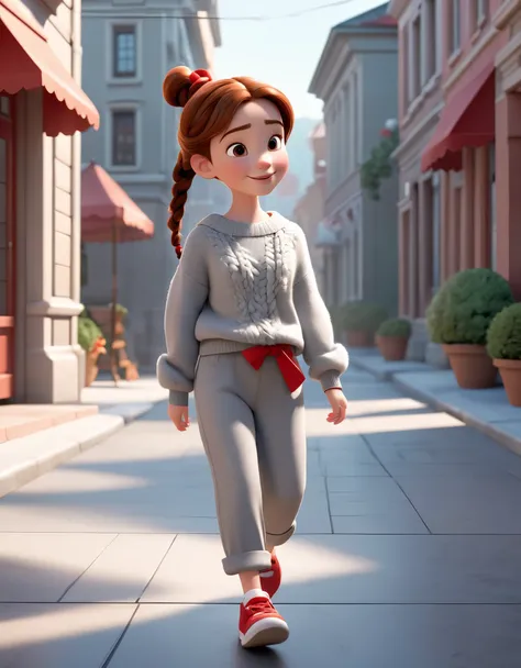 3D character from Disney animation, Pixar style,whole body，Walking happily，red bow，Simple gray soft sweater and furry very loose slacks，with braids，white shoes，clean background.cinnamic lighting, ray tracing, high details, 3d render ，background：Spring outi...