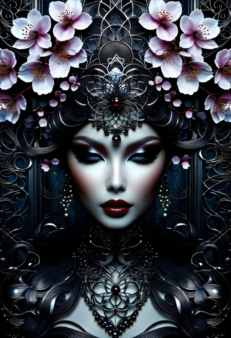 symmetry photography, dark fantasy realism, mythical and beautiful、gothic girl noir, Illusion coating and background cherry metal, highest quality, (((Complex:1.3))), Precise bush stroke, add awesome elements, Beautiful detailed background glow, smooth and...