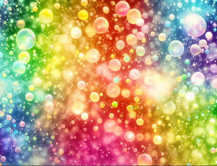 Close-up of colorful background with lots of bubbles, ethereal Rainbow bubbles, Magical sparkling colored dust, many Rainbow bubbles, Colorful refracted sparks, Rainbow bubbles, Amazing colorful background, Colorful background, Bokeh iridescent accents, Sh...