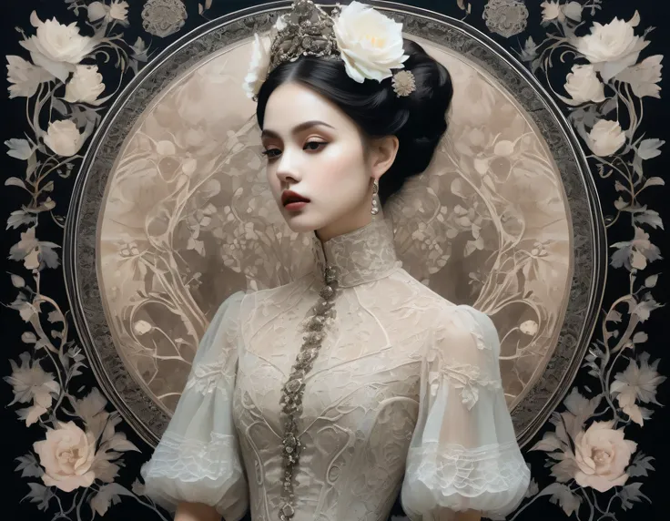 A mysterious gothic girl wearing antique costume looks solemnly at you., Surrounded by symmetrical illustrations in pastel tones, in complicated brushstrokes, Gorgeous design with single color coating, Adding timeless elegance to your image, exquisite grai...