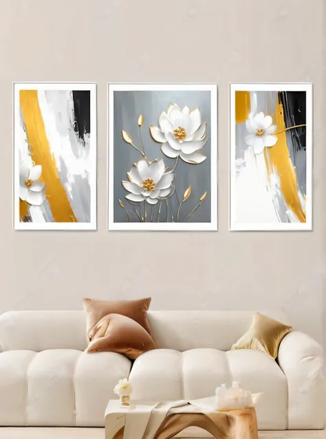 three paintings of flowers on a wall above a couch, canvas art, clean elegant painting, painting art work, paintings, elegant an...