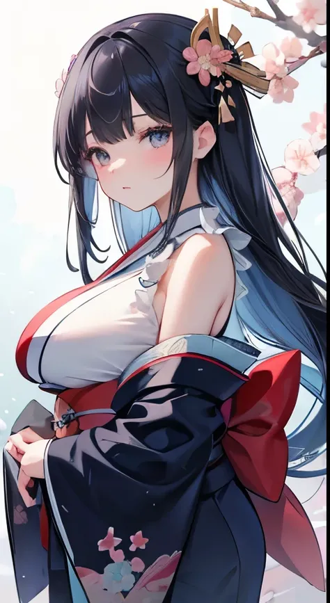 high resolution、beautiful、girl、black long hair、((center division))、god々New、(Background Senbon cherry blossom trees)、((big breasts))、((((blue kimono))))