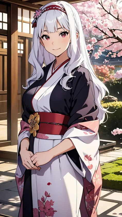 cg, unity, 8k, wallpaper, highest quality, masterpiece, lovely woman wearing a kimono, 18-year-old, white hair, white skin, look...