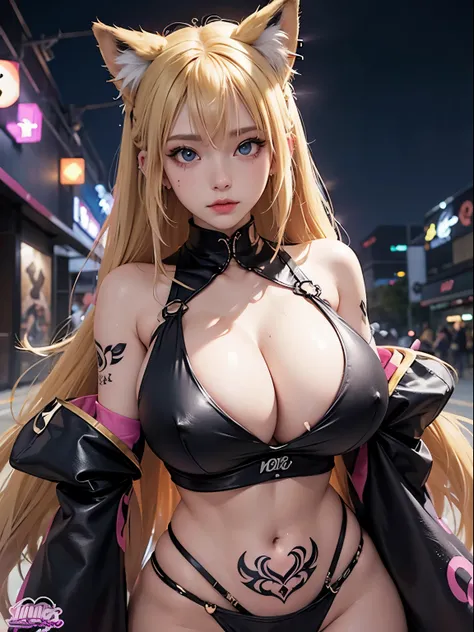 2 girls, neon blonde hair, moonlight eyes, fox ear, tattoo sleeves and piercings ((Anime style, accentuated super huge enormously gigantic tits, cleavage showing, tattoo sleeves and piercings, sexy seductive slutty pose)), Harajuku-inspired hip-hop clothin...