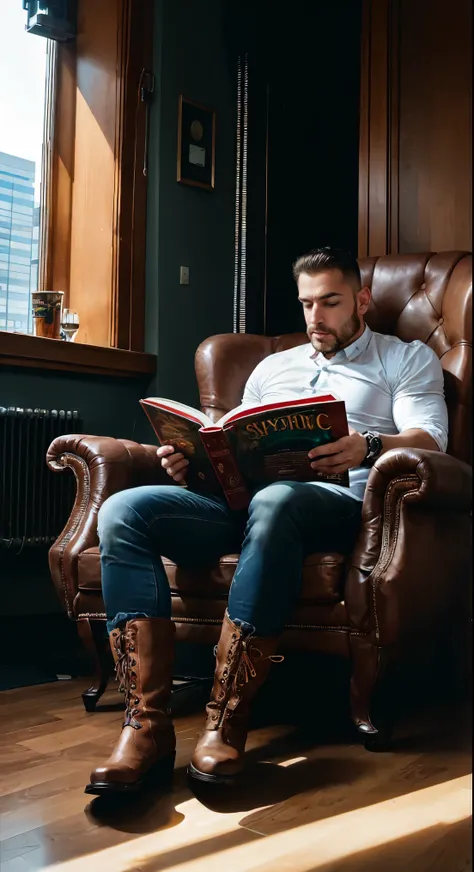 office in a skyscraper in a big city, a cyborg man sits in a luxurious chair and reads a book, high quality, absurd, masterpiece...