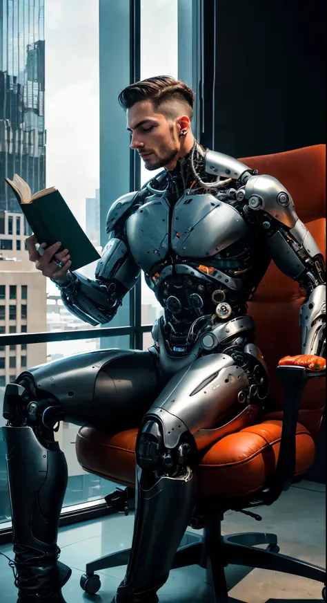 office in a skyscraper in a big city, a cyborg man sits in a luxurious chair and reads a book, high quality, absurd, masterpiece...