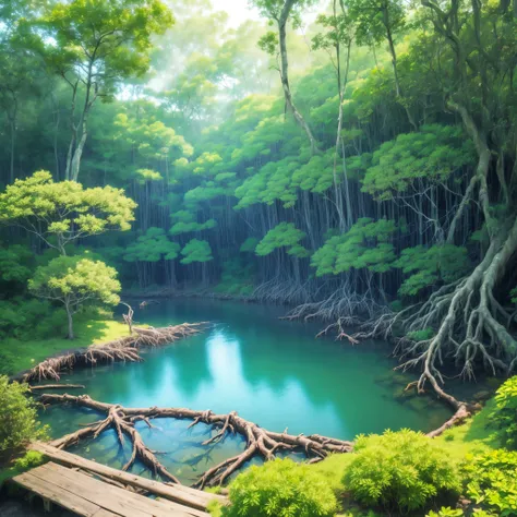 (masterpiece best quality:1.2) (((mangrove forest))), swamp, roots, flowers, water, pond, aquatic vegetation, manicured pond, ga...