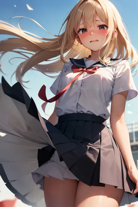 Tanned girl, blond hair, red ribbon, ((frustrated expression)), white shirt, navy pleated skirt, (facing the front),(((skirt being rolled up in the wind))),(((blushing cheeks, Embarrassed expression))), station, background blur