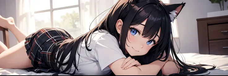 alone、girl lying on her stomach、long black hair、cat ears anime girl、Very high resolution face、cat ears、uniform、high school girl、ribbon on chest、tartan check miniskirt、white short sleeve shirt、shirt、smile、pure white background、Angle from the side、whole body...