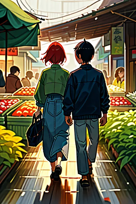 go to market，wet market，Two people，One man and one woman，wear casual clothes，rear view of character