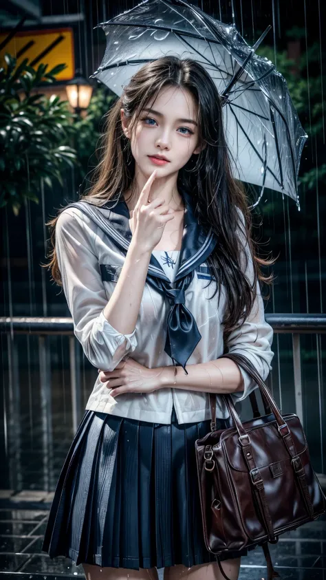 (RAW shooting, Photoreal:1.5, 8k, highest quality, masterpiece, ultra high resolution), perfect dynamic composition:1.2, street corner at night, look up at the sky:1.3, (((Typhoon heavy rain))), Highly detailed skin and facial textures:1.2, Slim high schoo...