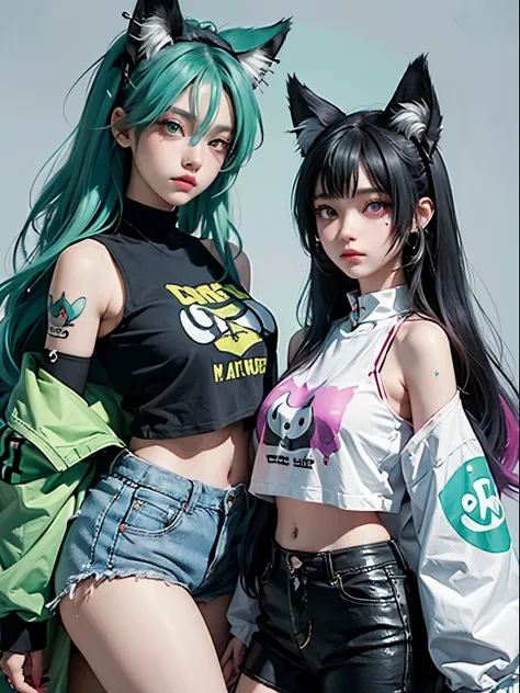 2 girls, neon green hair, moonlight eyes, fox ear, tattoo sleeves and piercings ((Anime style)), Harajuku-inspired hip-hop clothing, soft colors, neon paint splattered background, Soft stroke