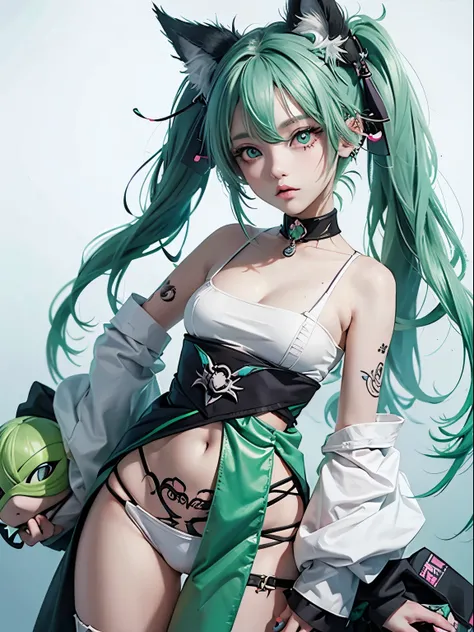 2 girls, neon green hair, moonlight eyes, fox ear, tattoo sleeves and piercings ((Anime style)), Harajuku-inspired hip-hop clothing, soft colors, neon paint splattered background, Soft stroke