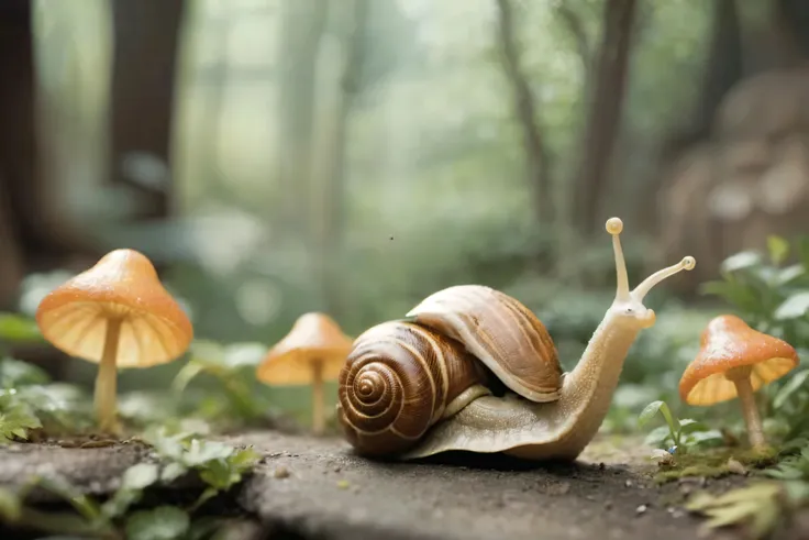 there is a snail that is sitting on a rock in the woods, snails, snail, snails vs worms, illustration!, snail shell, snail vs kn...