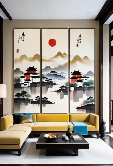 decorative paintings in the living room：geometric abstract ink，describe the jiangnan landscape architectural complex，wu guanzhon...