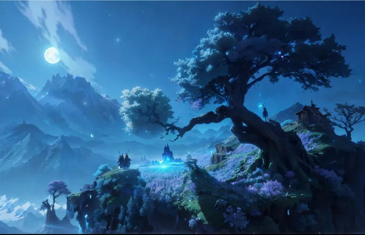 there is a tree that is standing on a hill with a moon in the sky, beautiful concept art, beautiful anime scene, concept art stunning atmosphere, stunning! concept art, visually stunning scene, concept art scene, anime scenery concept art, anime beautiful ...