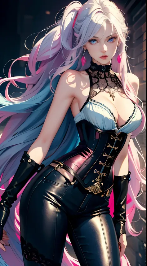 8k, best quality, masterpiece, highly detailed, semi realistic, a girl, young female, 20 years old, absurdly long light blue hair, hair between eyes, banks, pink eyes, medium breast, pink lips, elbow fingerless gloves, gorgeous sexy clothes, corset, slim f...