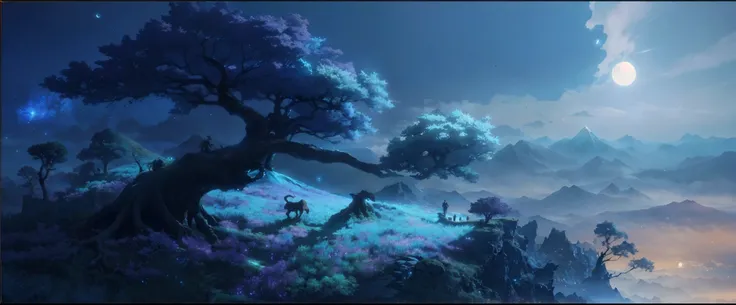 there is a tree that is standing on a hill with a moon in the sky, beautiful concept art, beautiful anime scene, concept art stunning atmosphere, stunning! concept art, visually stunning scene, concept art scene, anime scenery concept art, anime beautiful ...