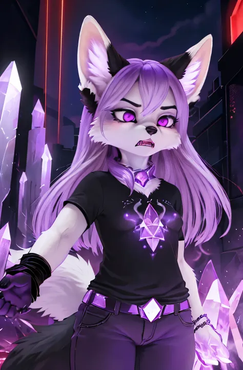 (a short female white fox furry with white fur, violet eyes, long lilac hair,white fur,violet octaheadron crystal on neck, black fur on ears), red lights, small breasts, curvy, angry, growling, t-shirts, pants, in night city, magic, warlock, dreadful