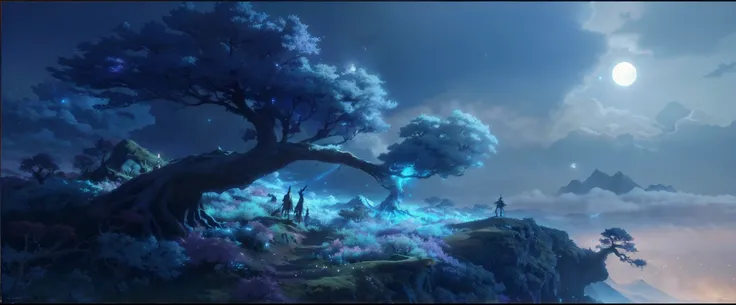 there is a tree that is standing on a hill with a moon in the sky, beautiful concept art, beautiful anime scene, concept art stunning atmosphere, stunning! concept art, visually stunning scene, concept art scene, anime scenery concept art, anime beautiful ...