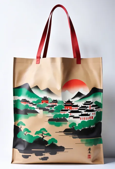 Kraft paper tote bag，printing：Geometric abstract ink，Describe the Jiangnan landscape architectural complex，Wu Guanzhongs style is an artistic expression that merges traditional Chinese ink techniques with Western painting concepts. It is characterized by m...