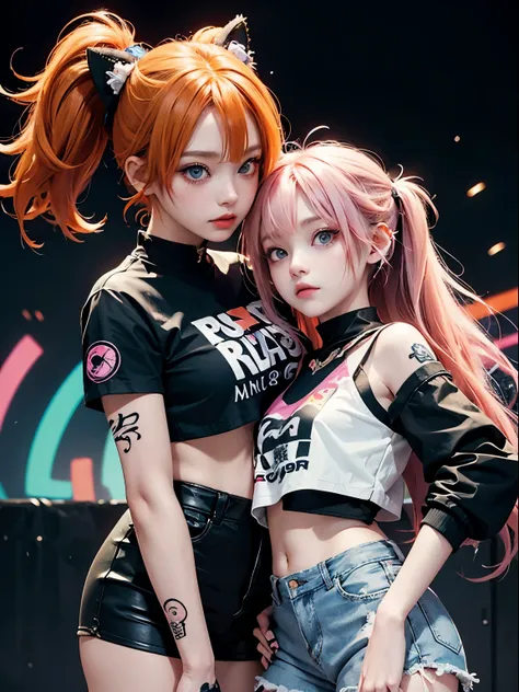 2 girls, neon orange hair, moonlight eyes, fox ear, tattoo sleeves and piercings ((anime style)), harajuku-inspired hip-hop clot...