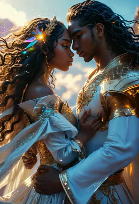 Duo in a celestial landscape, young dark-skinned duo in their 20s, in the chaos, they are fighting each other, he is the chief of the celestial demons with long curly caramel hair, she is a mixed-race princess, she has freckles, she is blonde with grey eye...