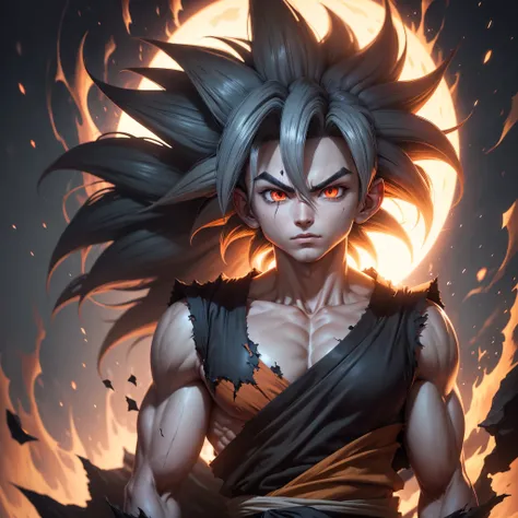 Goku’s hair turns a dark shade of gray, and his eyes glow with a crimson hue. Dark energy crackles around his body, shrouding him in an ominous aura.