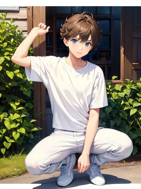 1boy,guy,standing in the north pole,squat,slight smile,blue eyes,half body photo,18 years old,Curly hair,medium hair,undercut hairstyle,light brown hair,Plain t-shirt, white t-shirt,white trousers,morning,ultra detail,masterpiece