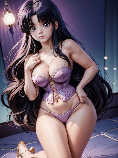  Garota anime cabelo escuro com calcinha rosa e corset pink, 16 anos, corpo bonito, seios grandes, com as hands on chest, hands on chest, Garota sexy, purple cabelo, mechas de cabelo laterais, mechas de cabelo na lateral do rosto, beautiful lighting, sombr...