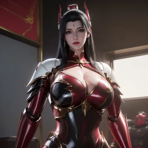 A BUSTY MILF, PORTRAIT,UPPER BODY,SOLO,(BEAUTY BLACK HAIR, GOLD DRAGON HORN), (MASSIVE FAKE BOOBIES,CLEAVAGE TOP,MUSCLE ABS:1.5), ((WEARING OUTFIT (LED RED, WHITE, BLACK) SHINY ROBOT MECHANICAL BIKINI ARMOR:1.5)),(CURVY VOLUPTUOUS BODY MATURE WOMAN:1.5), (...