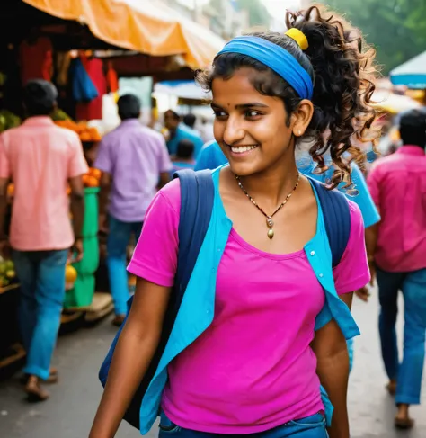 /imagine prompt: A 20-year-old Indian girl with a bright pink shirt and faded blue jeans, her curly hair tied in a loose ponytail, a gentle smile on her face as she walks along a bustling street filled with colorful market stalls and people going about the...